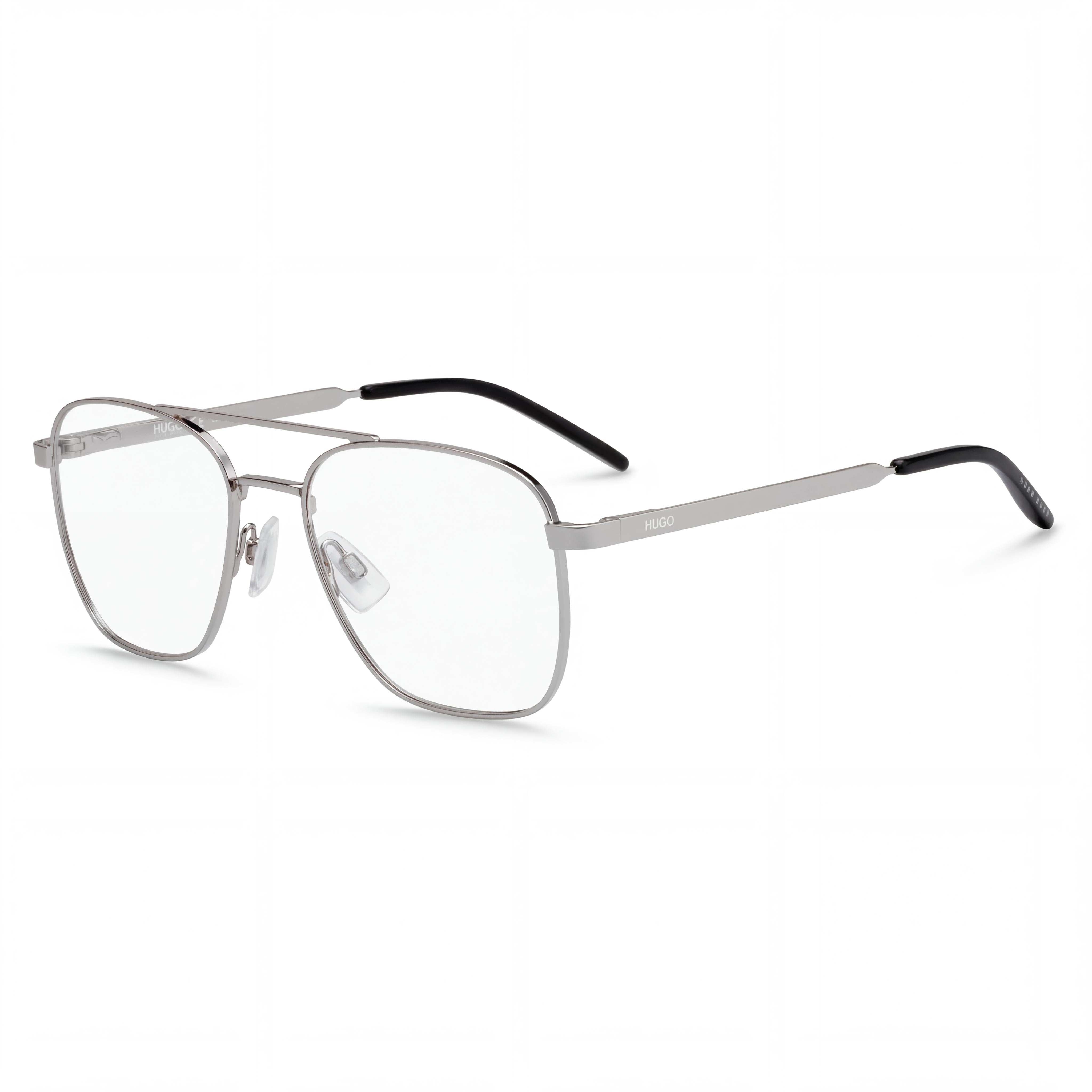 HUGO Square Double Bridge Men's Stainless Steel Ruthenium Eyeglasses Clear Demo Lenses 55-19-145, Photo 1