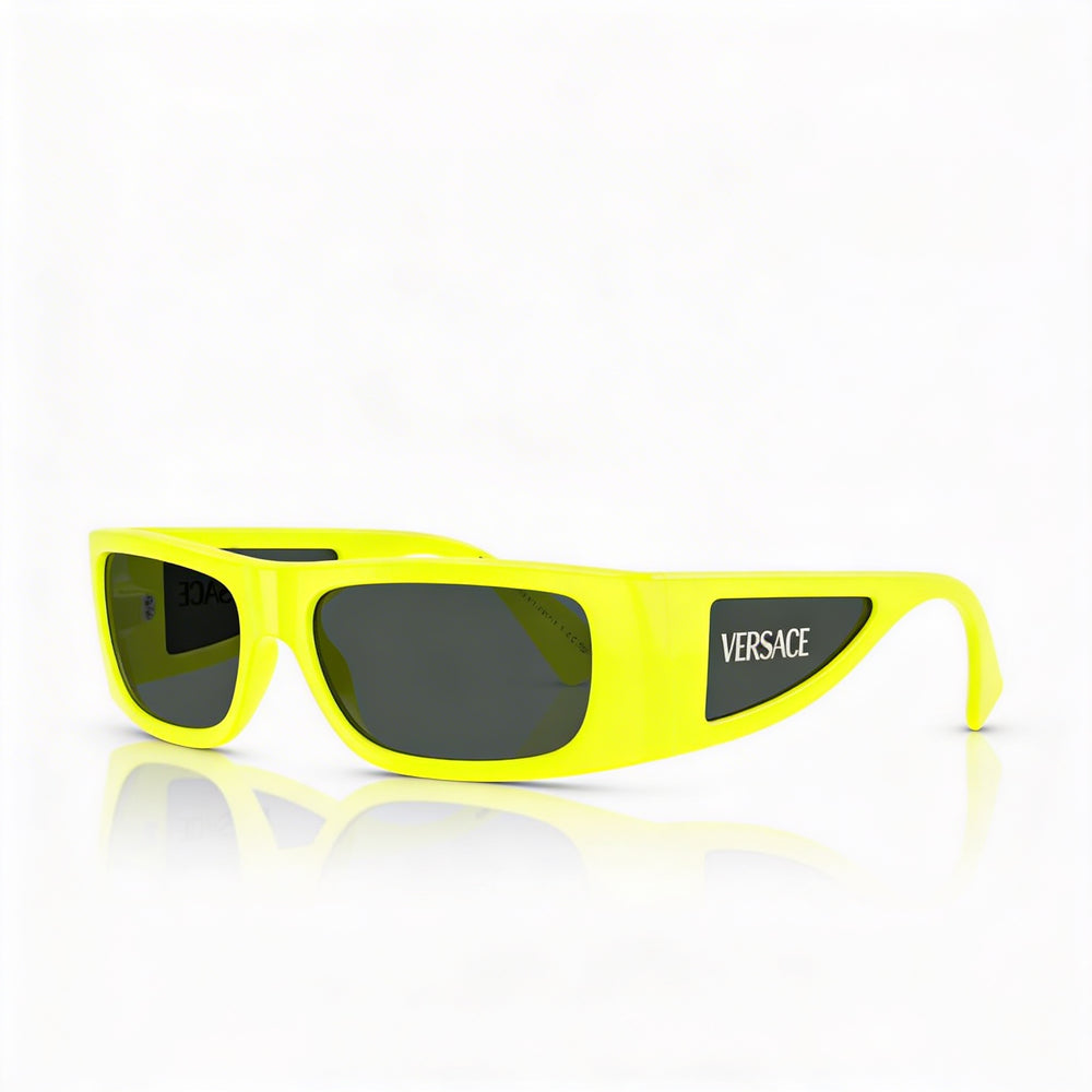 Versace Men's Rectangle Yellow Fluo Plastic Frame Sunglasses with Dark Grey Lenses, 100% UV Protection, 57-16-135mm