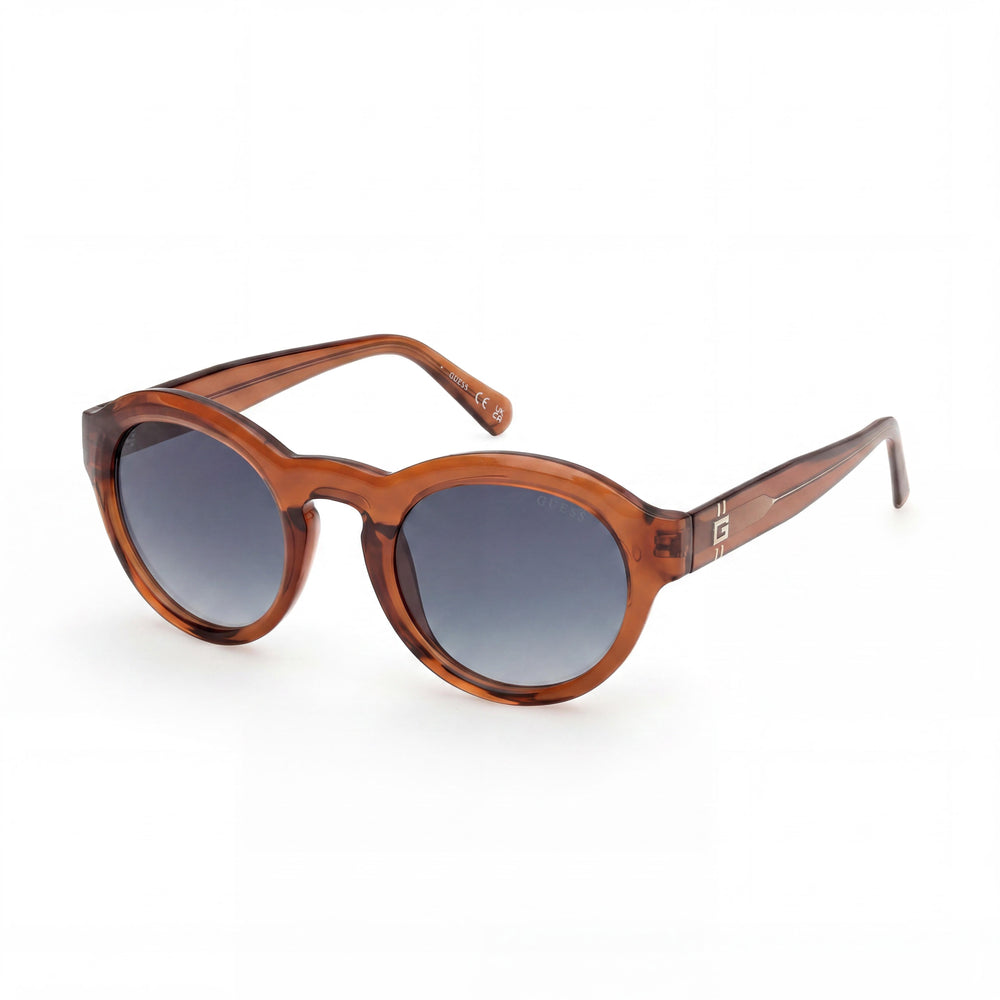 GUESS Gafas de sol casuales unisex de plástico marrón oscuro brillante con montura, lentes degradadas azules con protección UV, no polarizadas, 49 mm