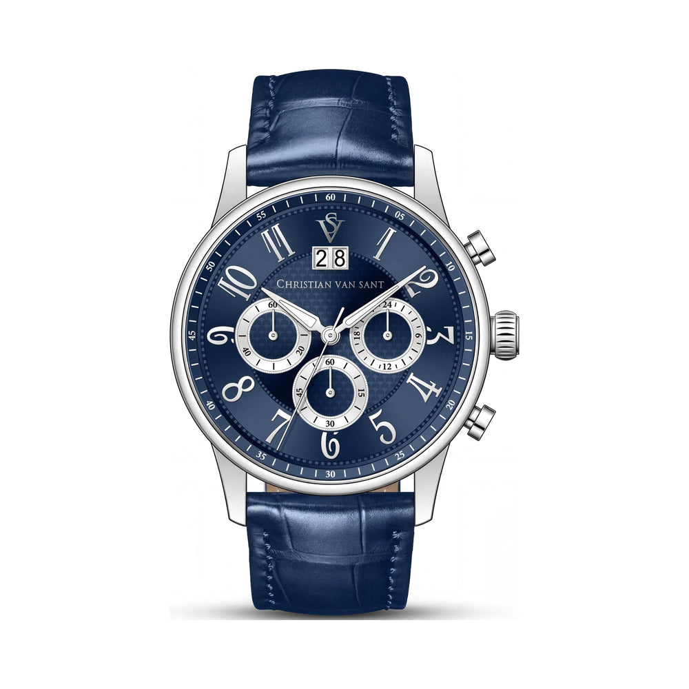 Reloj cronógrafo Christian Van Sant para hombre con esfera azul, caja de acero inoxidable y correa de cuero.