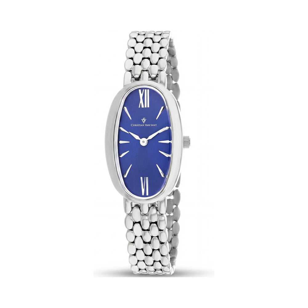 Reloj de cuarzo Christian Van Sant para mujer con esfera azul, caja y pulsera de acero inoxidable, resistente al agua.