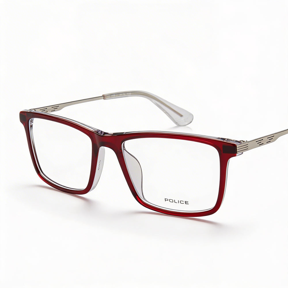 Montura óptica Police Classic para hombre en color burdeos con combinación de aceite y metal, 52/16/145, con lentes transparentes de demostración