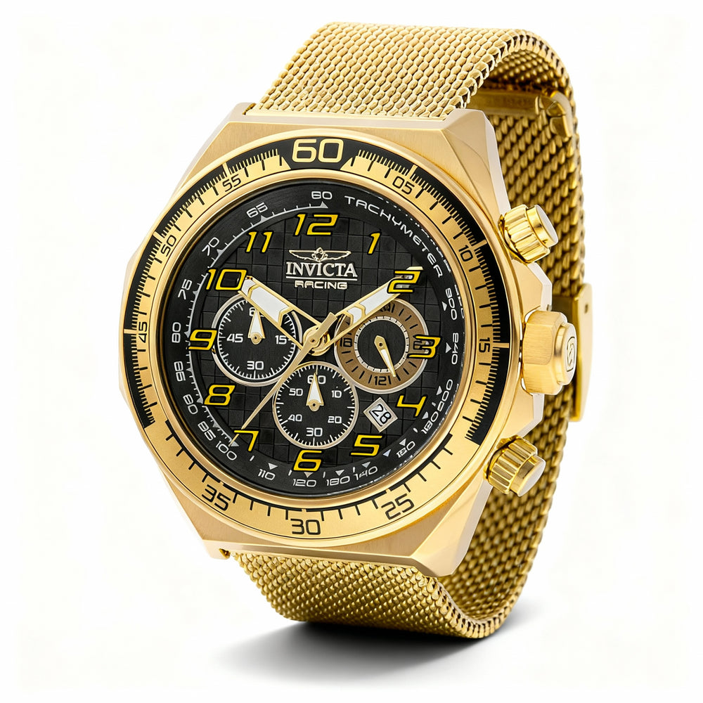 Reloj unisex Invicta Racing 47903 de cuarzo con cronógrafo en tono dorado y esfera negra con pulsera de acero inoxidable de 50 mm.