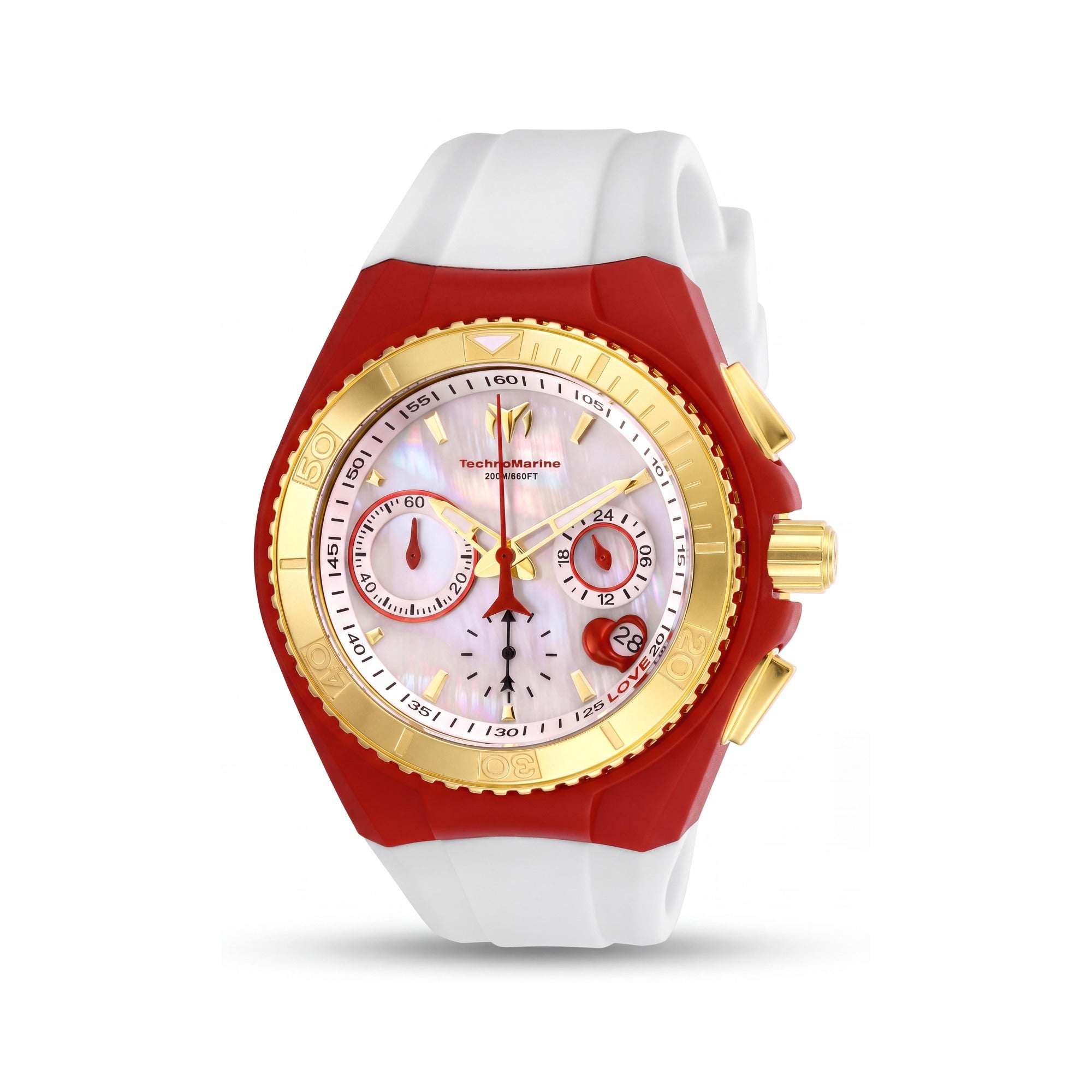 Technomarine Cruise TM-117003 San Valentín para mujer, caja de oro amarillo de 40 mm, esfera de nácar blanca, cronógrafo de cuero rojo, corazón abierto, Photo 1