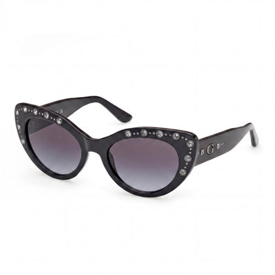 GUESS GU00163 Gafas de sol de plástico negro brillante con forma de ojo de gato y protección UV en degradado ahumado para mujer 54