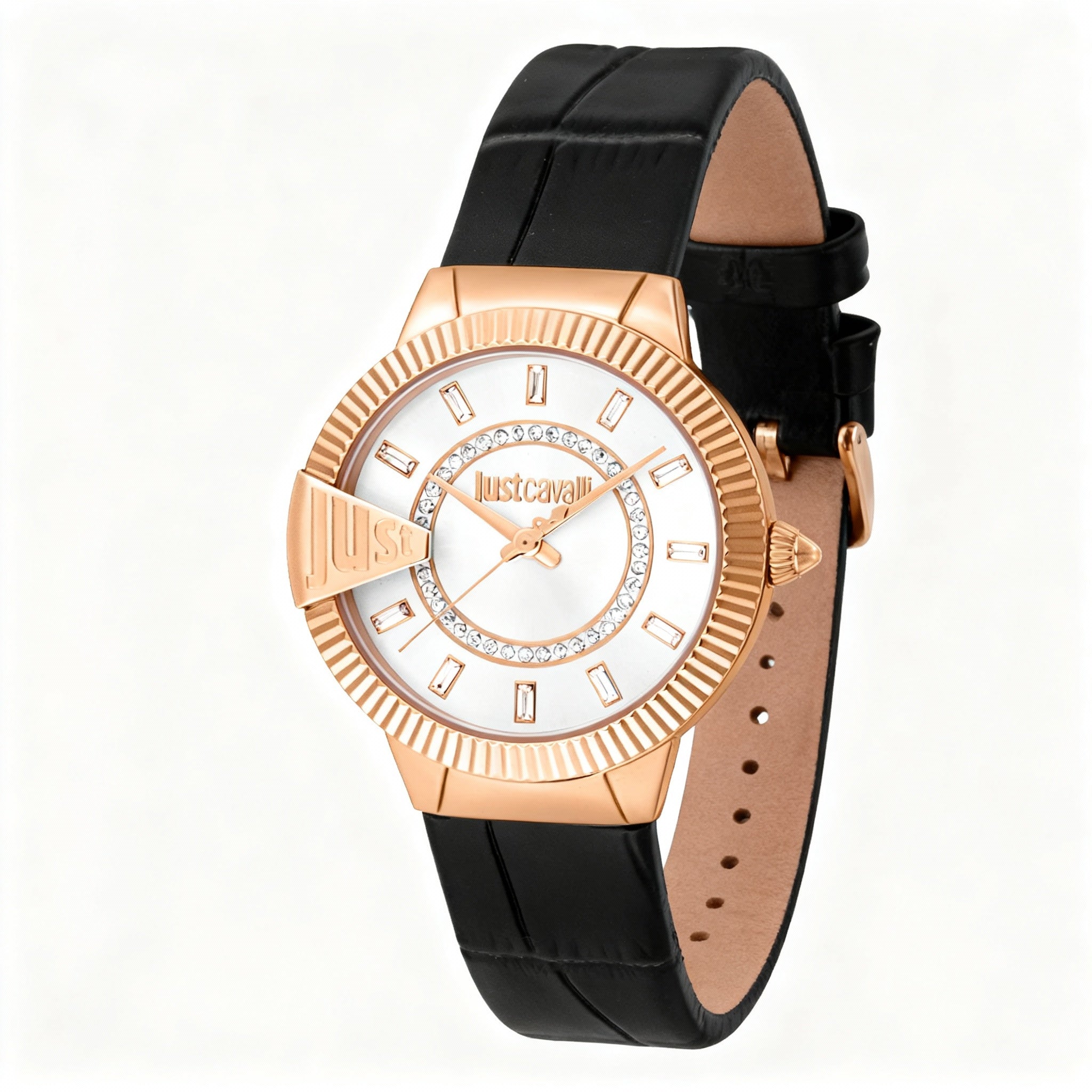 Just Cavalli Fashionable Women's Golden Black Stainless Steel Case Leather Strap Waterproof Watch, Photo 1