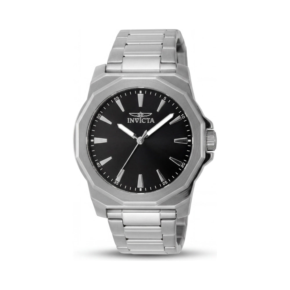 Reloj de cuarzo Invicta de acero inoxidable negro y plateado de 42 mm para hombre con esfera negra resistente a los arañazos.