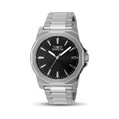 Reloj de cuarzo Invicta de acero inoxidable negro y plateado de 42 mm para hombre con esfera negra resistente a los arañazos.