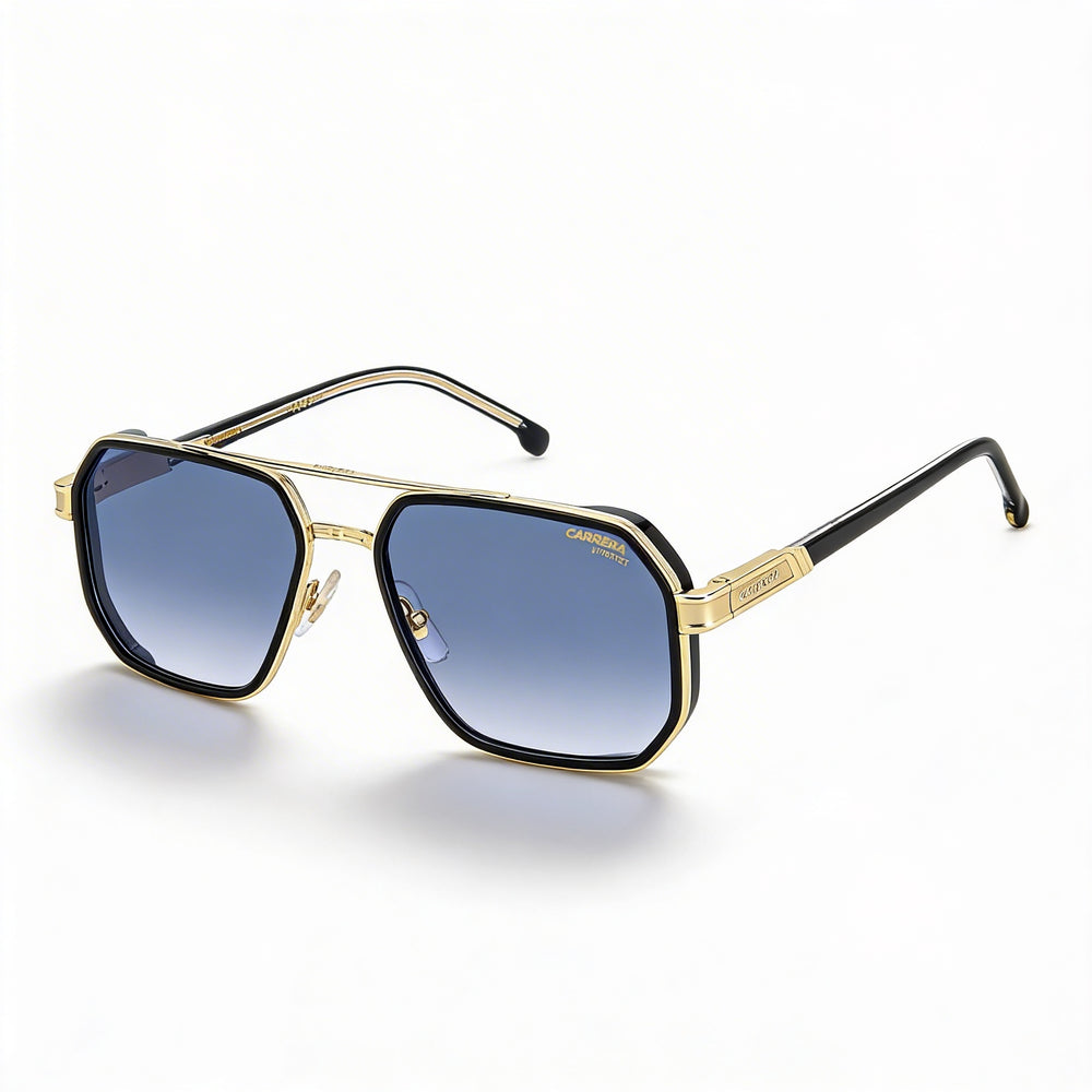 Carrera Lässig. Men's Metal Sunglasses featuring Black Gold Frame with Dark Blue Shaded Lenses, 58mm