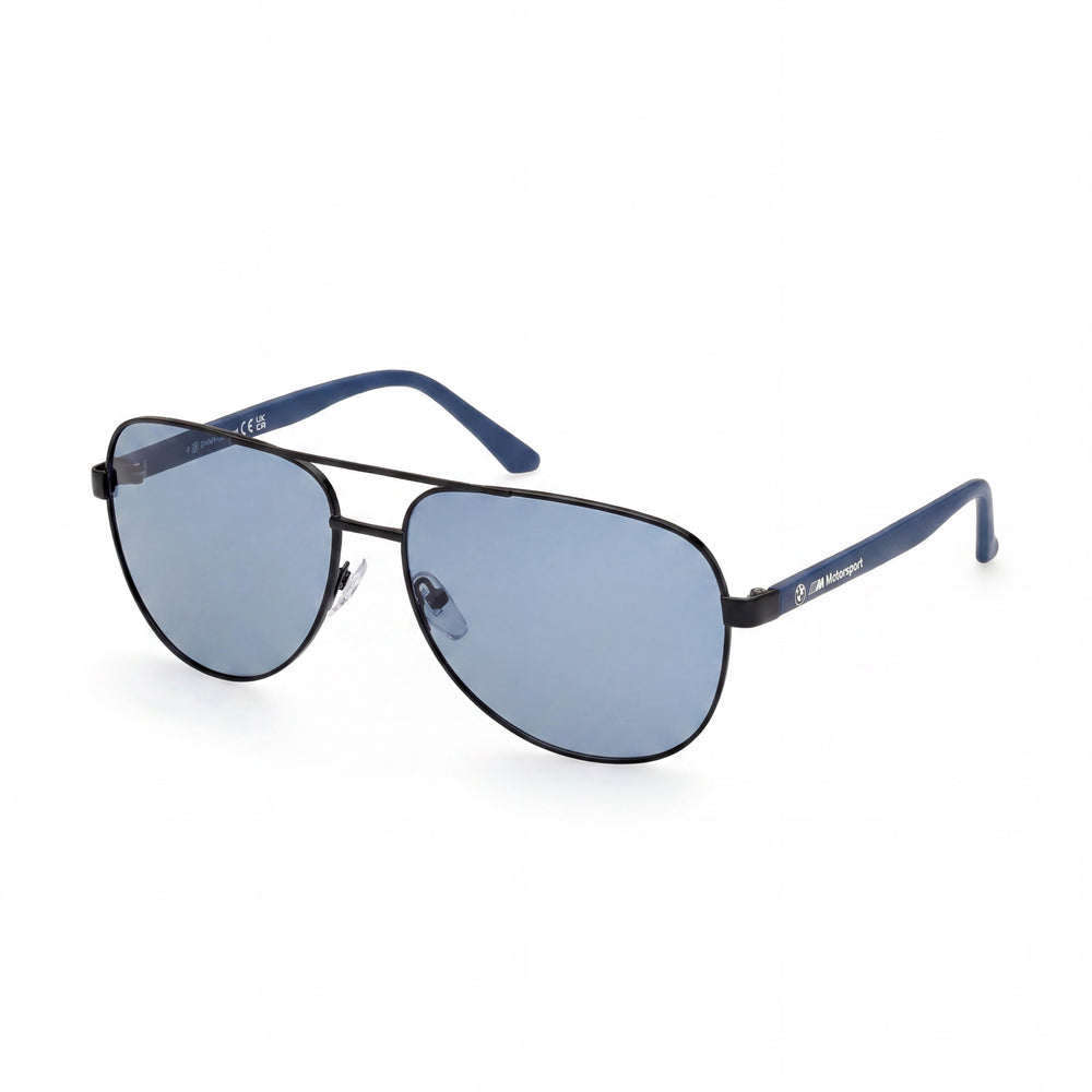 BMW MOTORSPORT Metal Sun Glasses Men's Pilot Style with Matte Black Frame, Blue Polarized Lenses, 62mm Lens Width