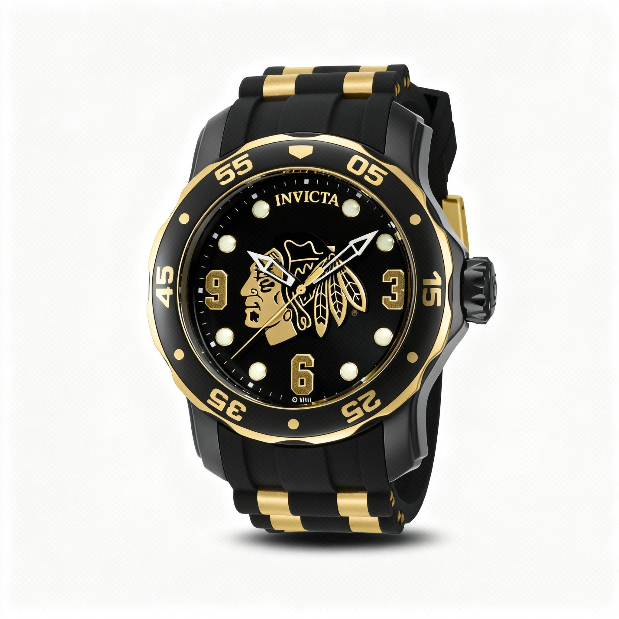 Invicta NHL Chicago Blackhawks 42315 Men's 48mm Black Ion-Plated Steel Quartz Watch, Gold & Silicone Strap