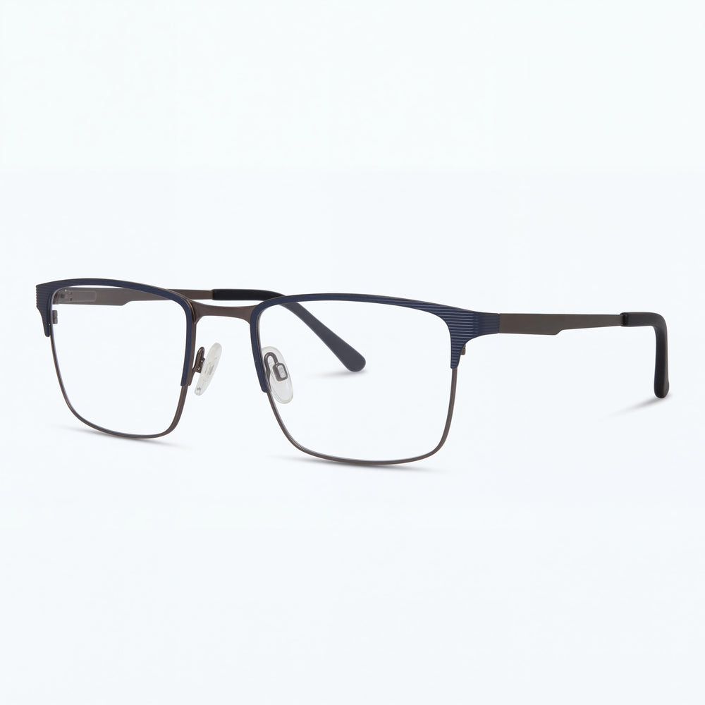 Gafas ópticas clásicas Chesterfield para hombre con montura de metal azul grisáceo y lentes de policarbonato (56-19-150)