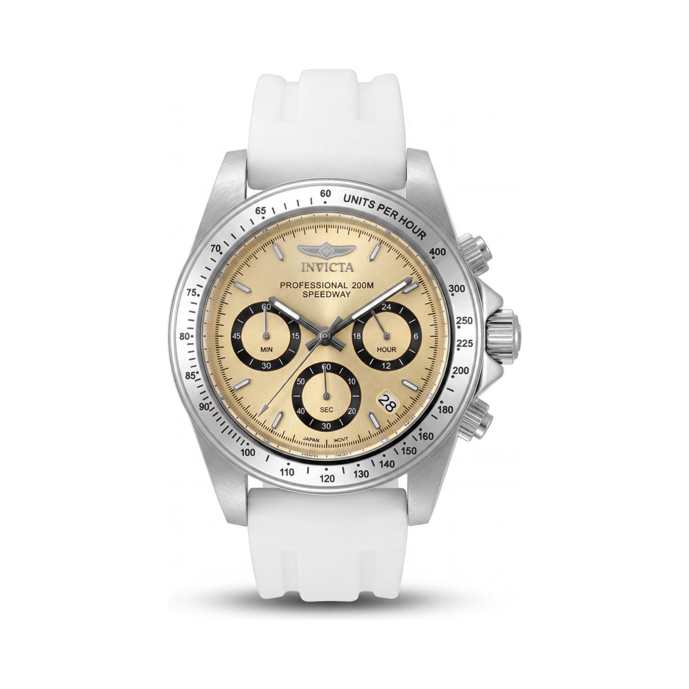 Invicta Speedway 50487 Reloj de hombre con cronógrafo, caja de acero inoxidable plateado de 40 mm, esfera dorada y correa de silicona