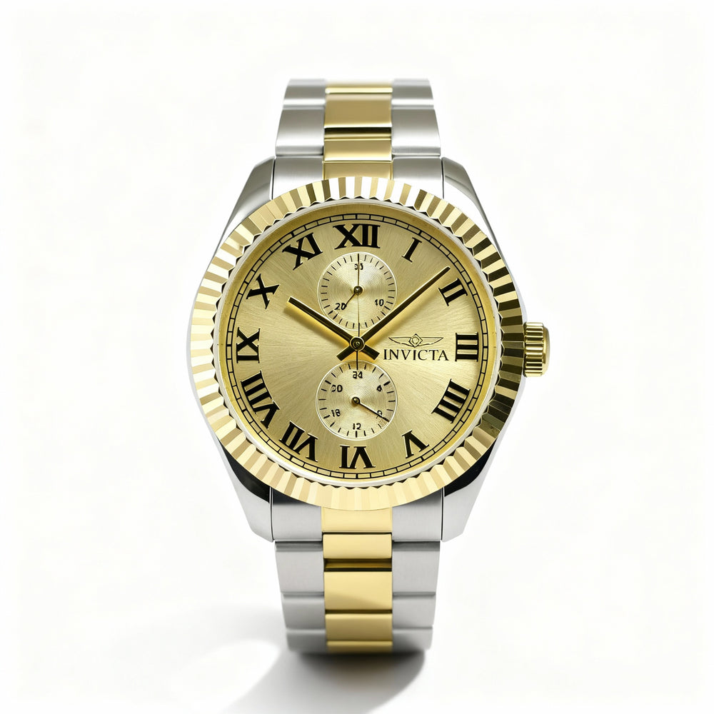 Reloj unisex Invicta Specialty 47428 de 43 mm con correa de acero inoxidable en tono plateado y esfera dorada.