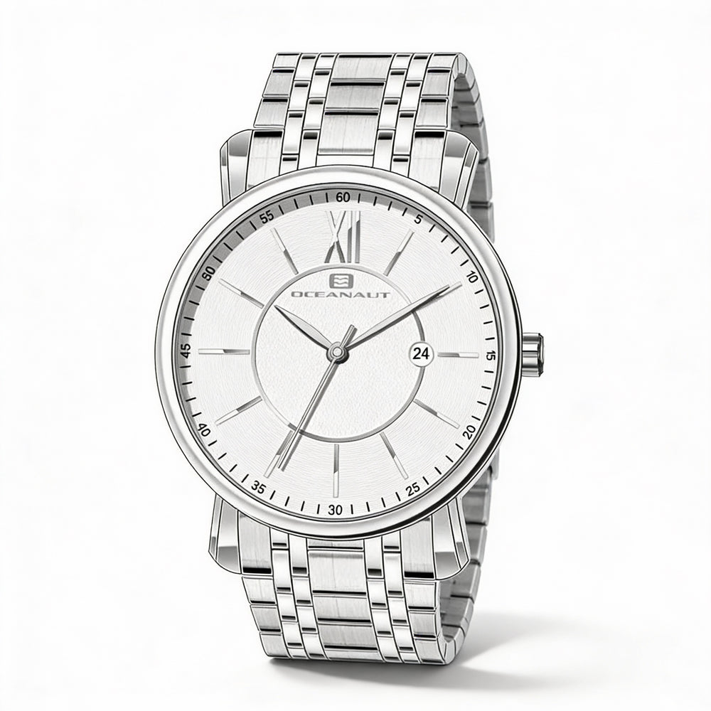 Oceanaut bracelet Men's Stainless Steel Case & Bracelet Water Resistant Watch with White Dial, Quartz Movement, Scratch Resistant Mineral