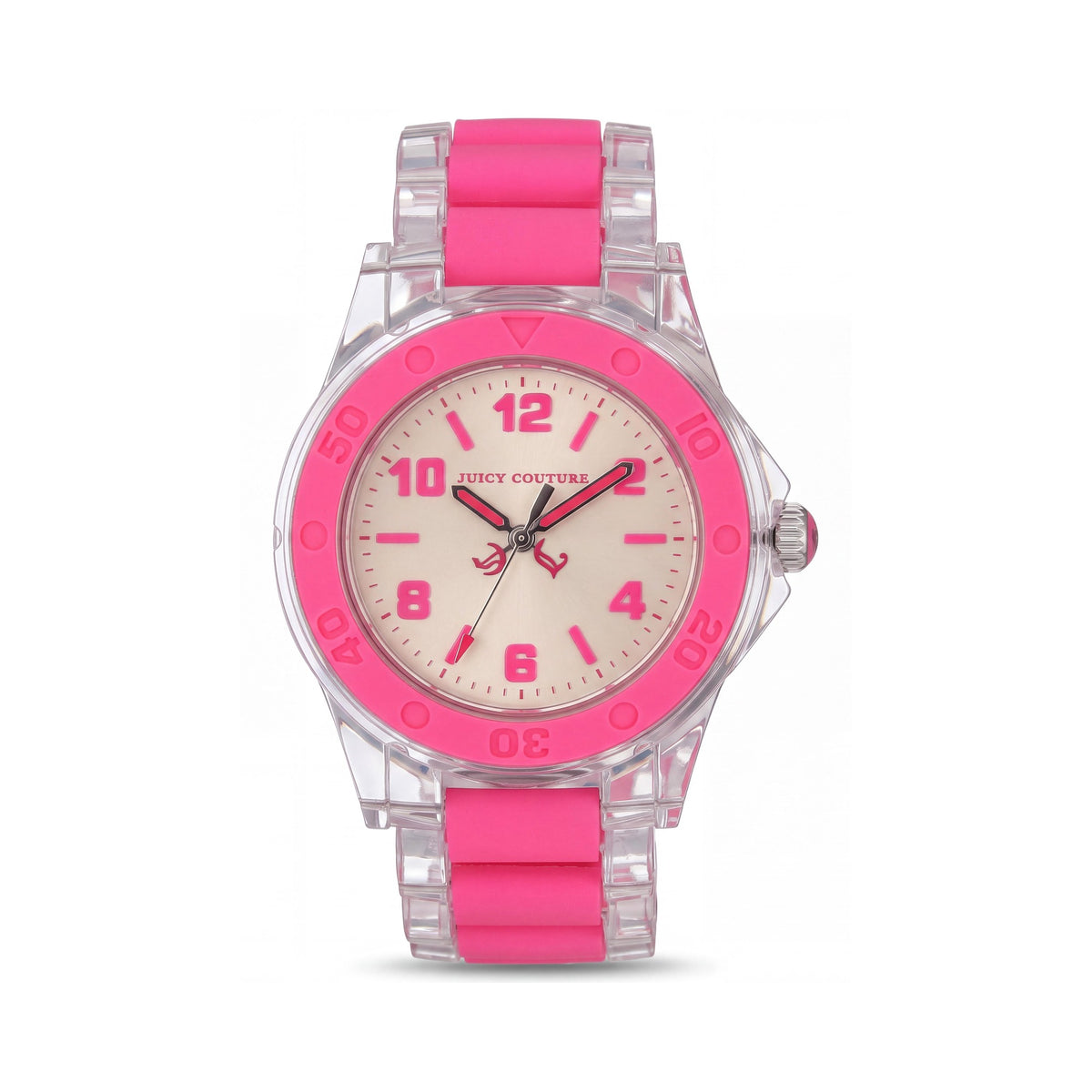Reloj informal Juicy Couture para mujer con bisel de silicona en rosa neón y pulsera de plástico transparente, resistente al agua 30M, Photo 1