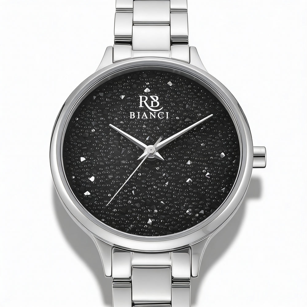 Reloj casual Roberto Bianci para mujer de acero inoxidable negro con esfera adornada con cristales negros