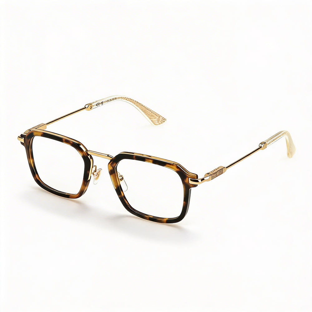 Montura de gafas Police Casual para hombre, de metal dorado rosa, con lentes transparentes, ancho de lente de 50 mm, puente de 21 mm y patillas de 145 mm.