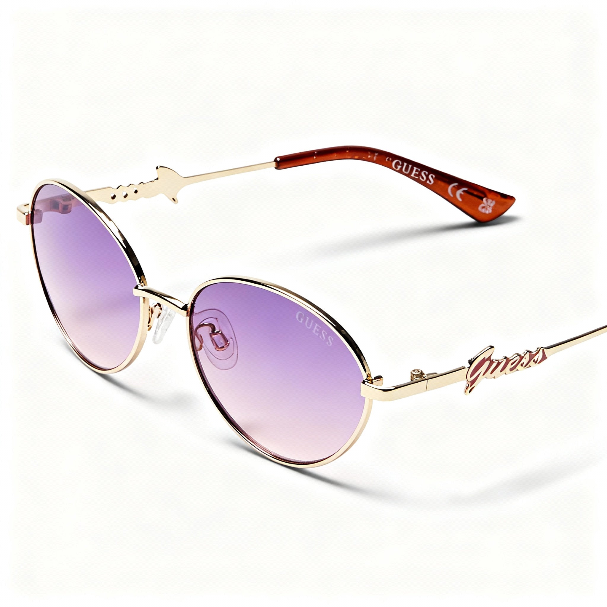 GUESS GF4014 Women's Round Non-Polarized Sunglasses 50mm, Gold Gradient Mirror Violet Metal Frame, Violet Plastic Lens