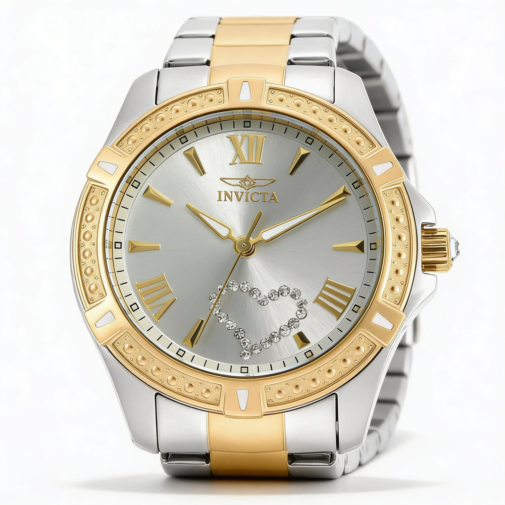 Reloj Invicta Angel para mujer, de acero inoxidable chapado en oro amarillo de dos tonos, esfera plateada luminosa, 35 mm