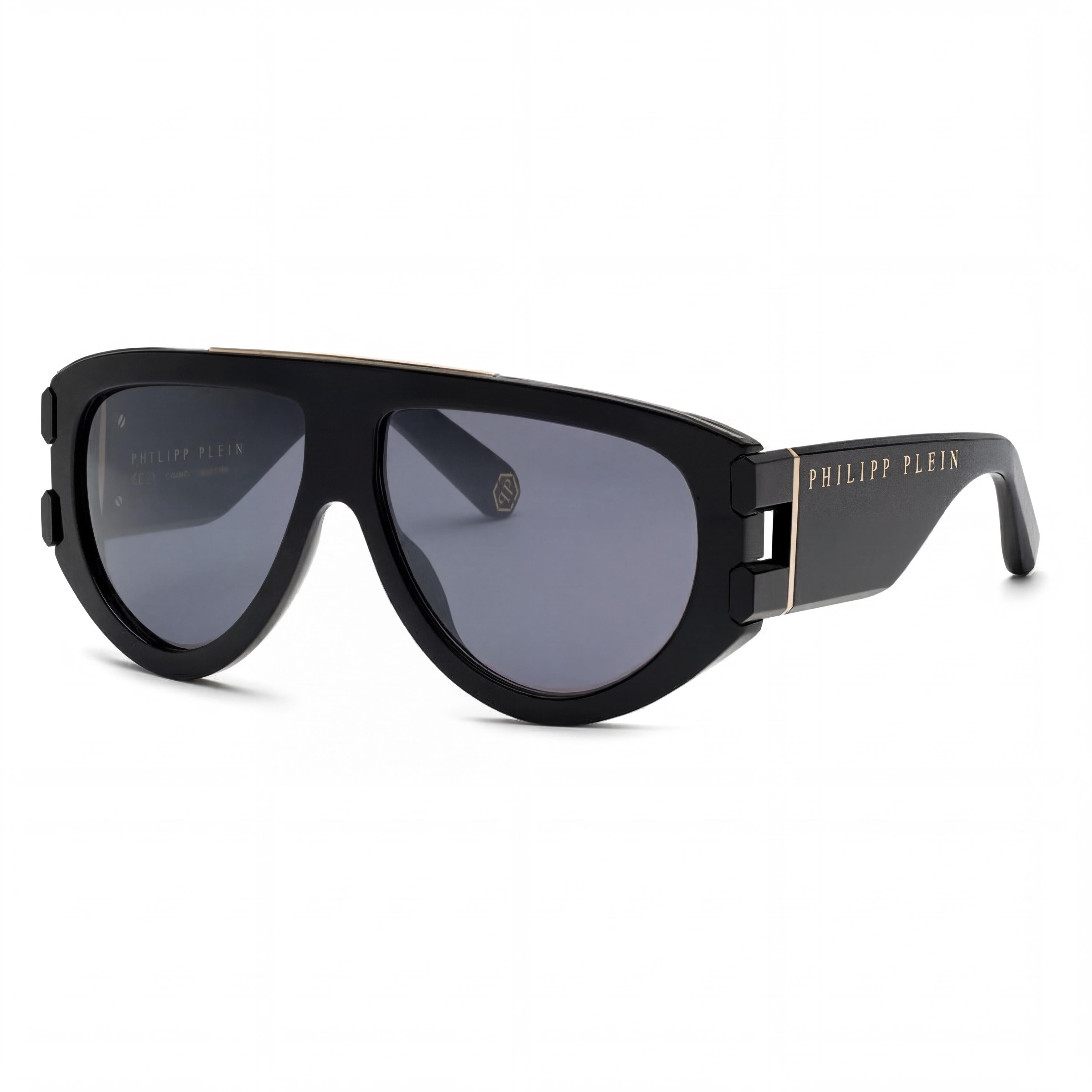 Gafas de sol Philipp Plein SPP127M para hombre, montura de acetato de celulosa negro brillante, lentes plateadas con efecto espejo ahumado, 60 mm, protección UV, Photo 1