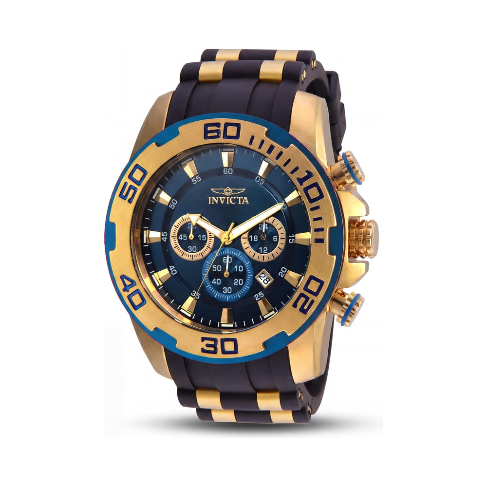 Invicta Men's Pro Diver Chronograph Yellow Gold Plated Stainless Steel & Black Silicone Blue Dial Watch, 50mm
