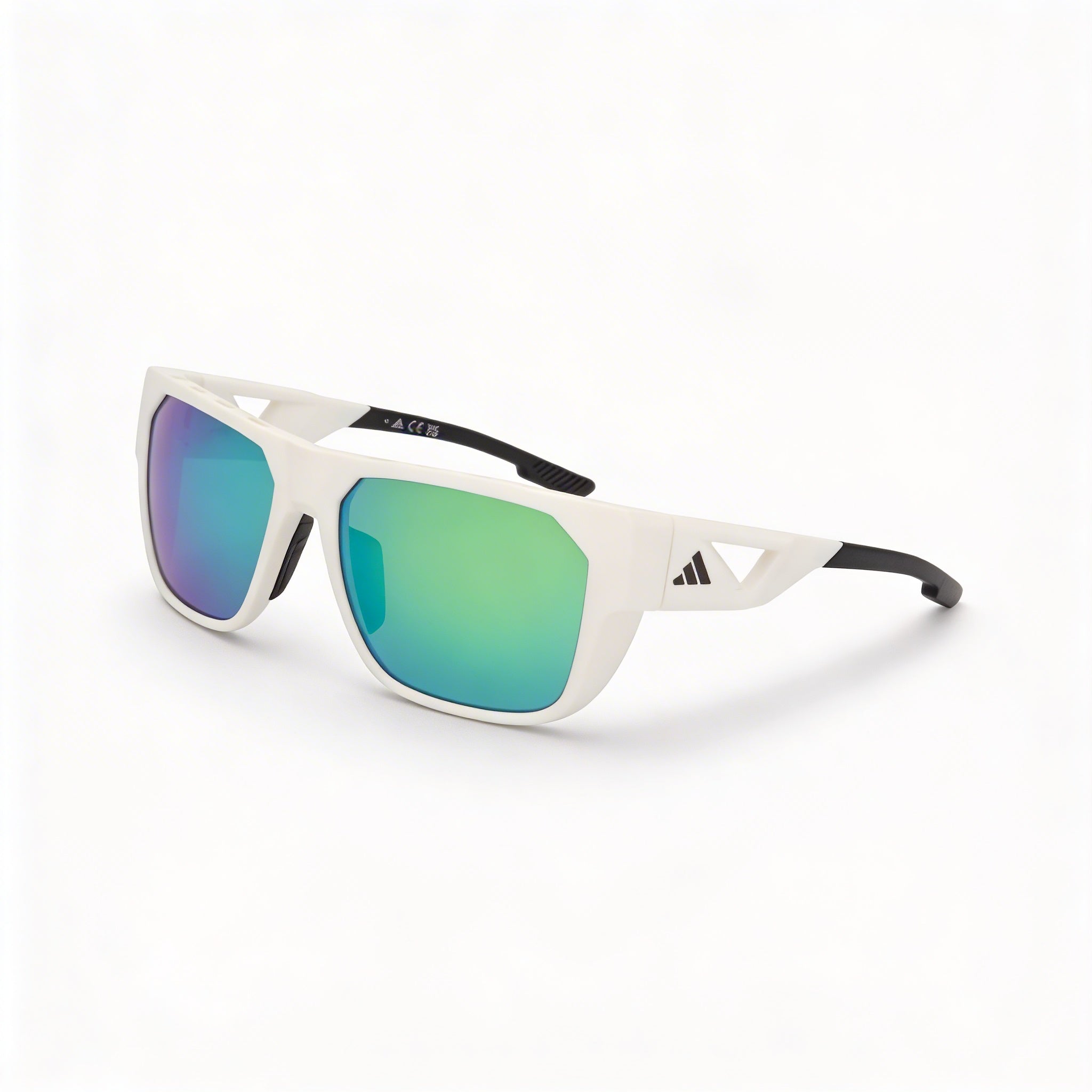 Gafas de sol Adidas contemporáneas para hombre con montura de plástico blanco mate, lentes verdes espejadas y protección UV de 57 mm, Photo 1