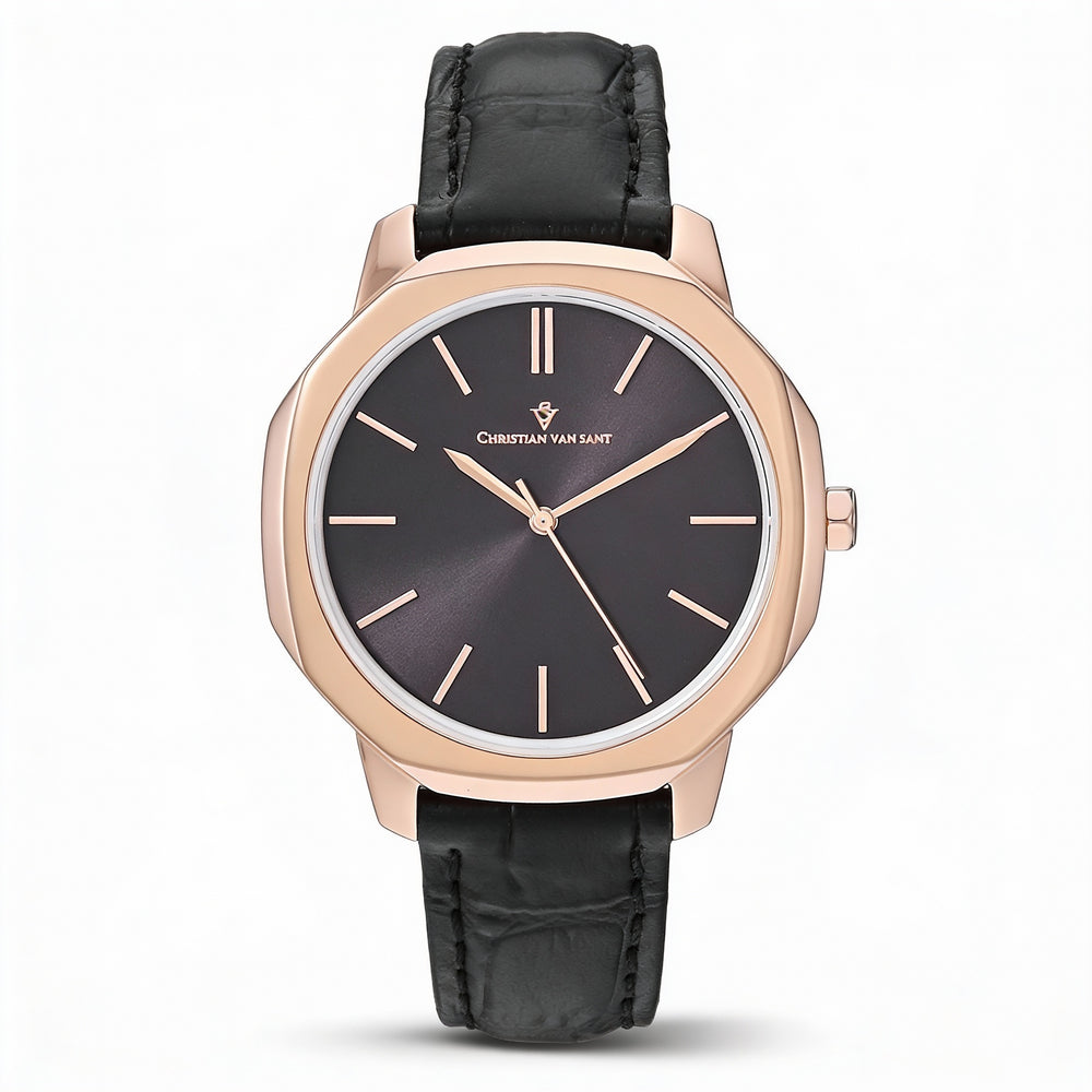 Reloj Christian Van Sant Octave Slim de cuarzo plateado, acero inoxidable y esfera negra para mujer, resistente al agua