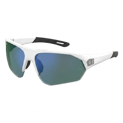 Gafas de sol unisex Under Armour Playmaker Wrap, montura de poliamida blanca y negra, lentes multicapa verdes no polarizadas, protección UV, 72 mm