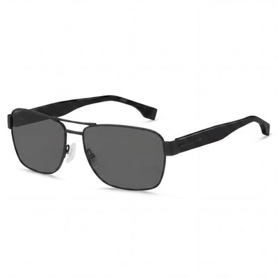 Hugo Boss Boss 1441/S Gafas de sol rectangulares unisex ligeras de acero inoxidable polarizadas grises con protección UV de 60 mm