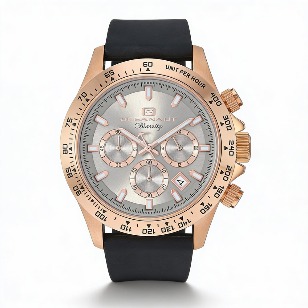 Reloj Oceanaut Biarritz para hombre, cronógrafo, esfera plateada, caja de acero inoxidable, correa de caucho, resistente al agua, 44 mm