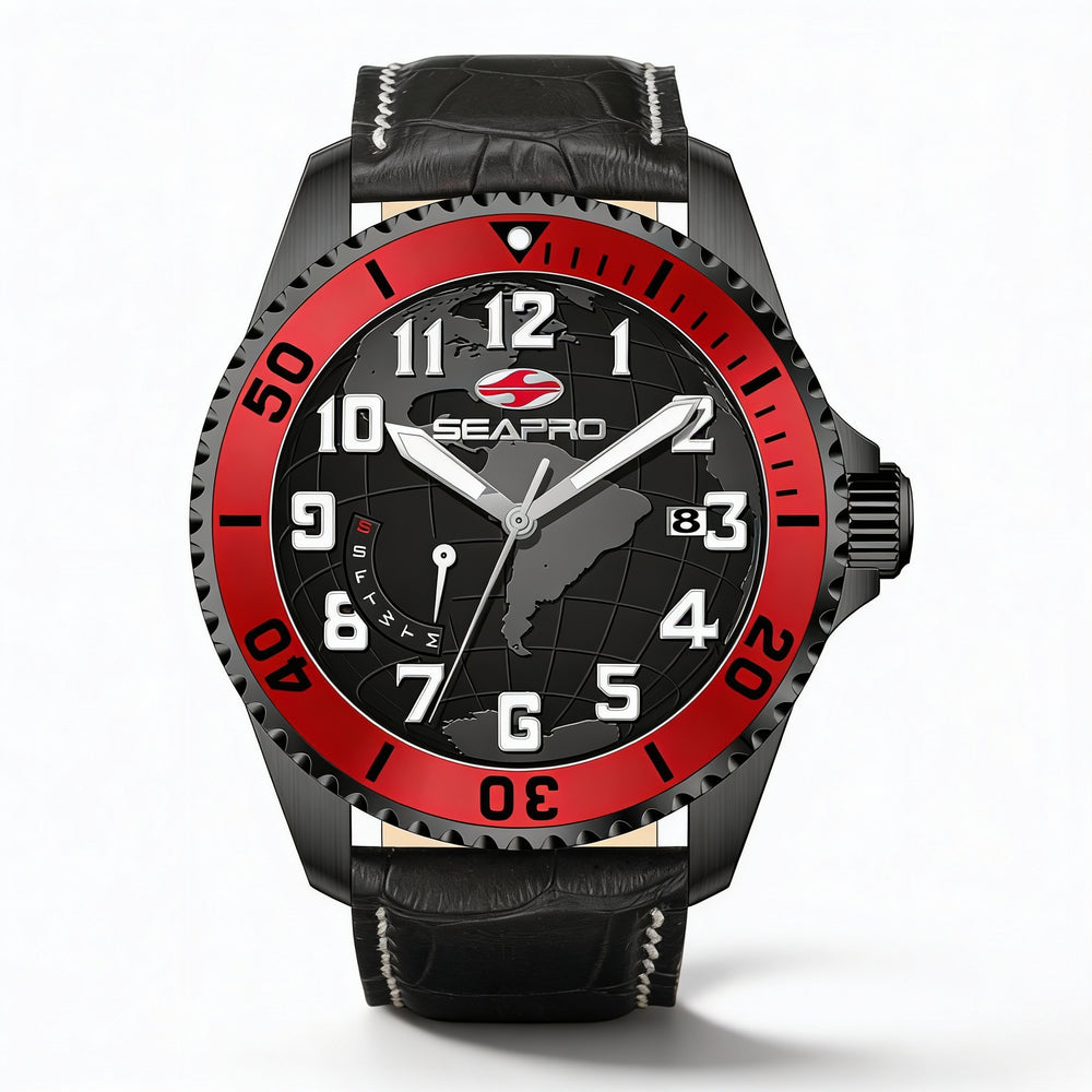 Seapro Modern Men's Black Dial Stainless Steel Leather Strap Water Resistant Quartz Watch with Mineral Crystal