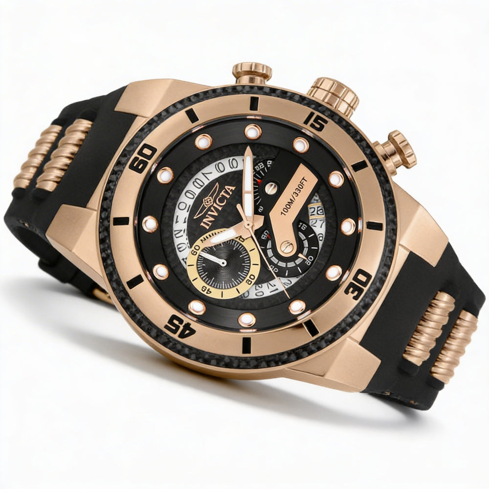 Reloj de cuarzo Invicta Chronograph para hombre, caja de 51 mm, esfera negra, detalles en oro rosa, correa de silicona, resistencia al agua de 100 m.