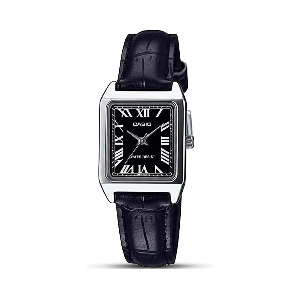 Reloj de mujer Casio con movimiento de cuarzo, carga solar, radiocontrolado, de acero inoxidable negro y piel, 22 mm