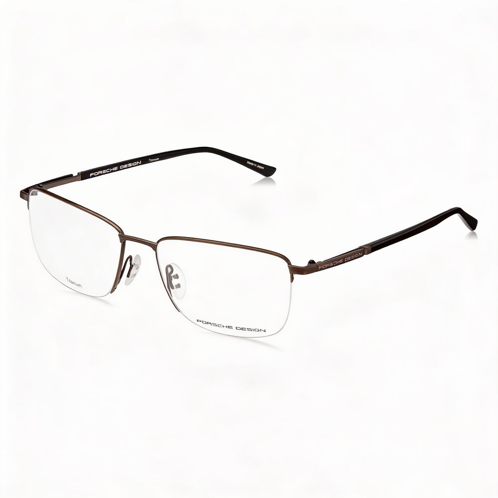 Gafas Porsche Modern para hombre con montura de titanio y combinación de colores marrón y negro, ancho de lente de 56 mm