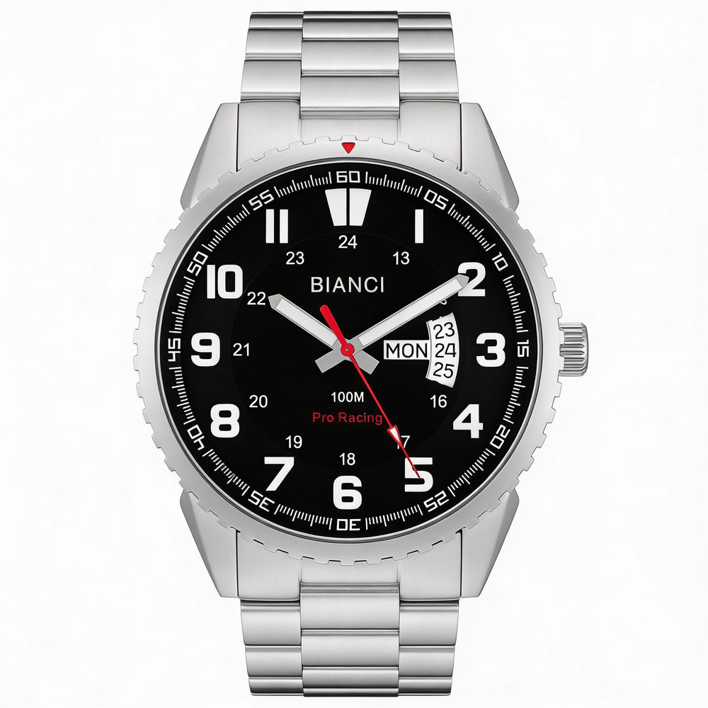 Roberto Bianci Men's Silver Stainless Steel Bracelet Watch, Black Dial, Day/Date Display