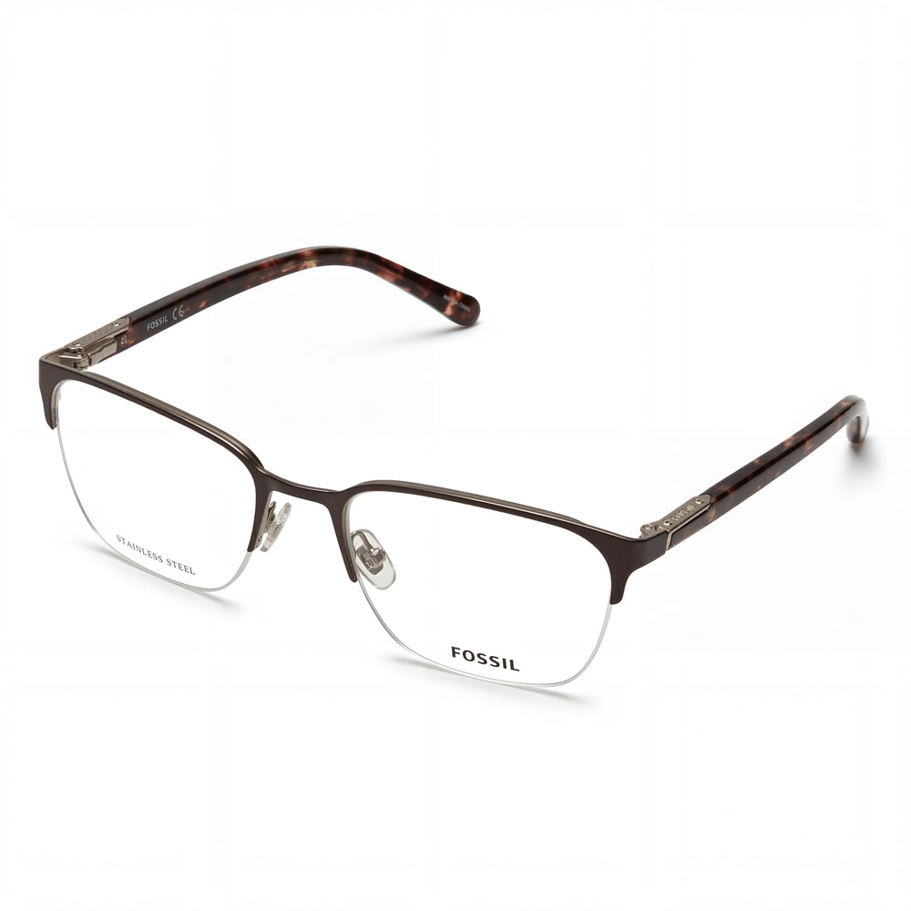 Gafas Fossil Fos 7110/G para hombre, cuadradas, de acero inoxidable, semi-sin montura, color marrón mate, con lentes transparentes de policarbonato, 54 mm