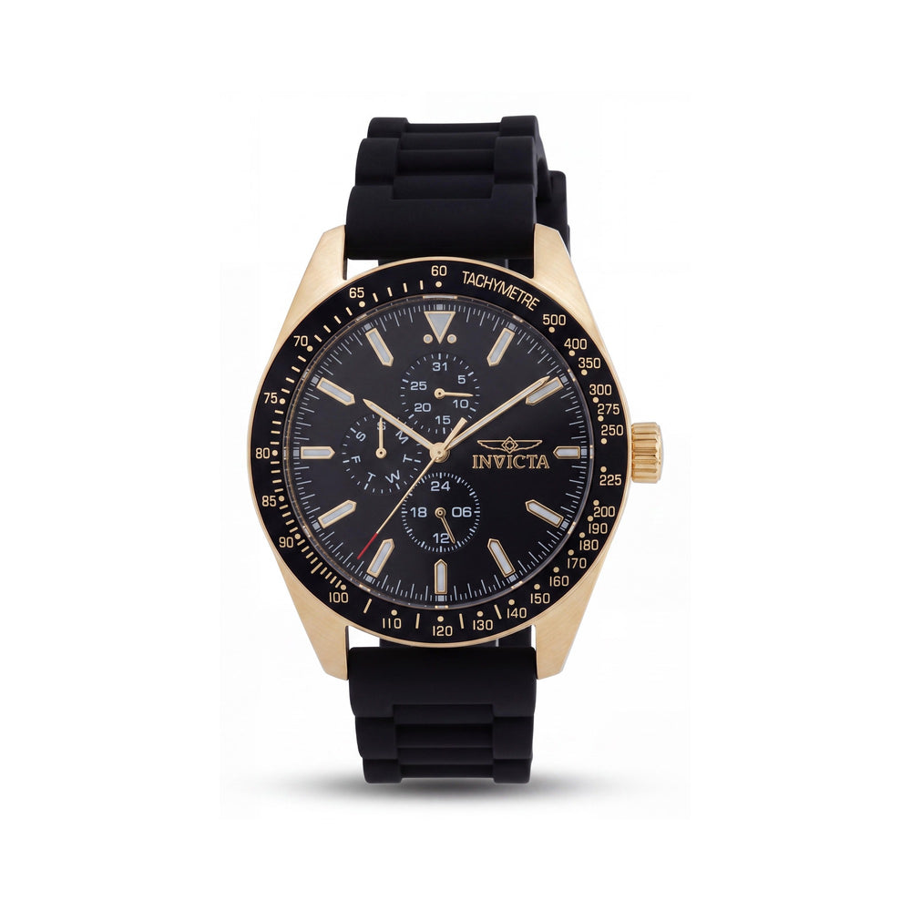 Invicta Aviator Reloj Unisex de Cuarzo, Correa de Silicona Negra, Detalles Dorados, Brilla en la Oscuridad, Sumergible 100m, 45mm