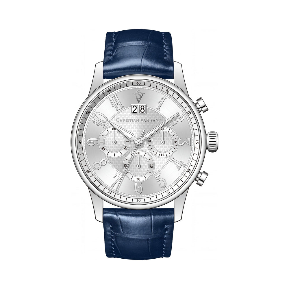 Reloj cronógrafo para hombre con correa de Christian Van Sant, con caja de acero inoxidable plateada y correa de cuero.