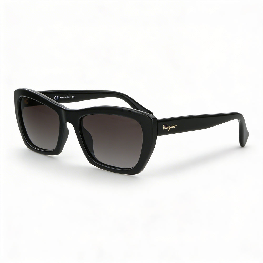 Gafas de sol rectangulares Ferragamo SF958S unisex con montura de plástico negro, lentes grises y 100 % protección UV de 55 mm