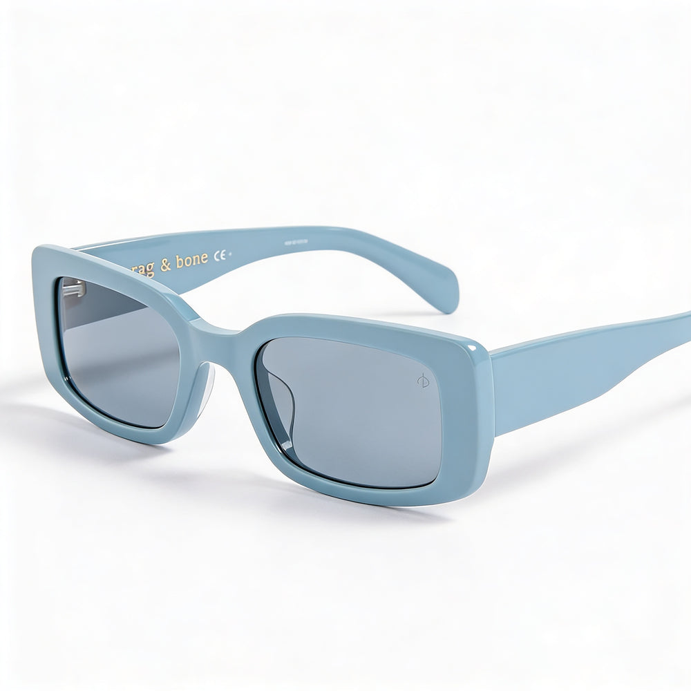 Gafas de sol Rag & Bone Classic para mujer, con montura de plástico azul, estrechas y gruesas, rectangulares, con lentes azules y protección UV, 52 mm