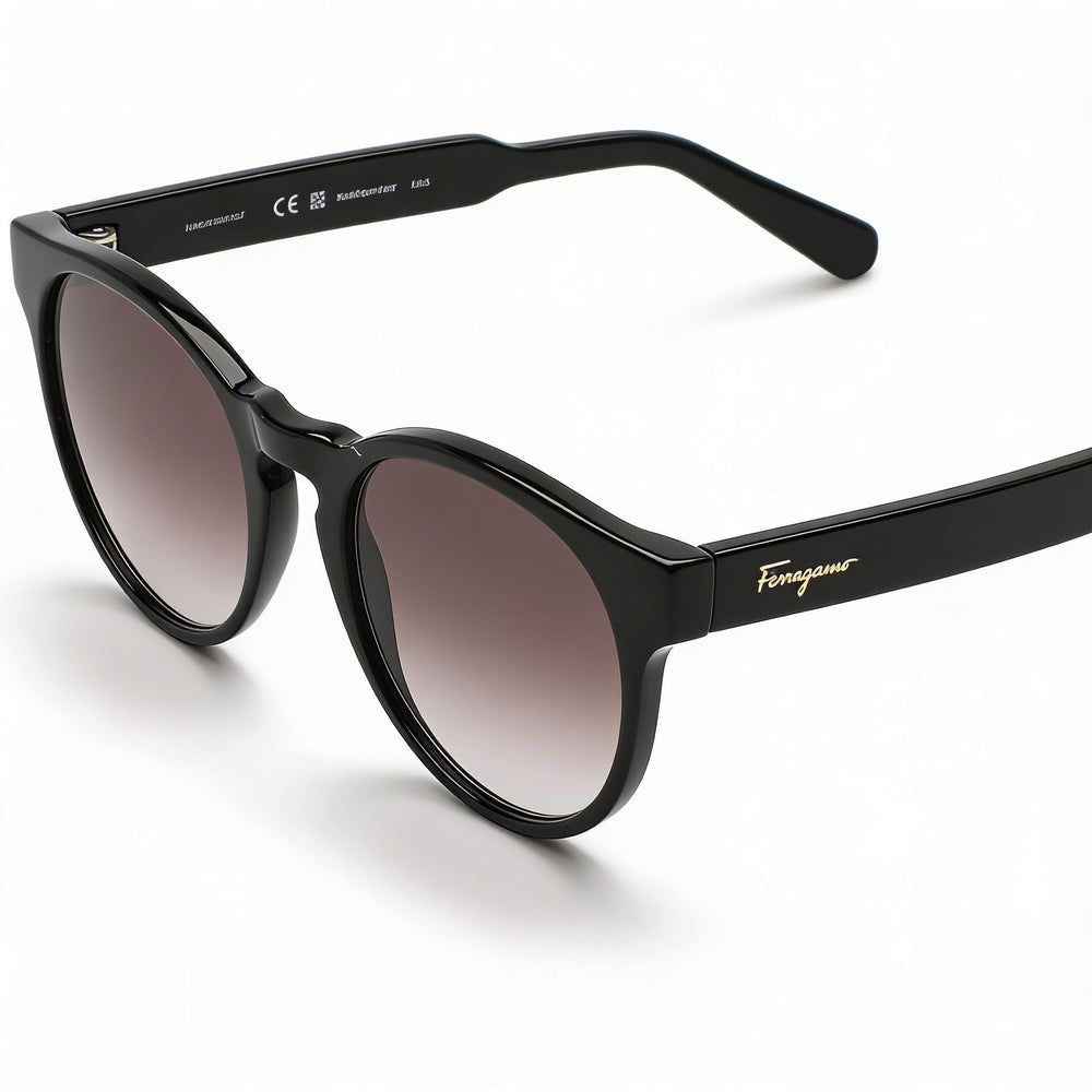 Gafas de sol redondas retro de plástico negro con lentes grises degradadas para mujer Ferragamo SF1068S 52 mm