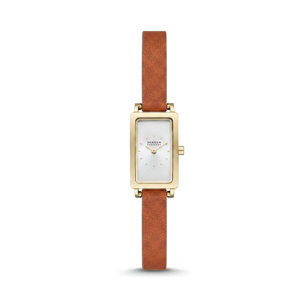 SKAGEN DINAMARCA Reloj Hagen Lille para mujer, de cuarzo, de 22 mm, con caja rectangular de acero inoxidable dorado y piel marrón