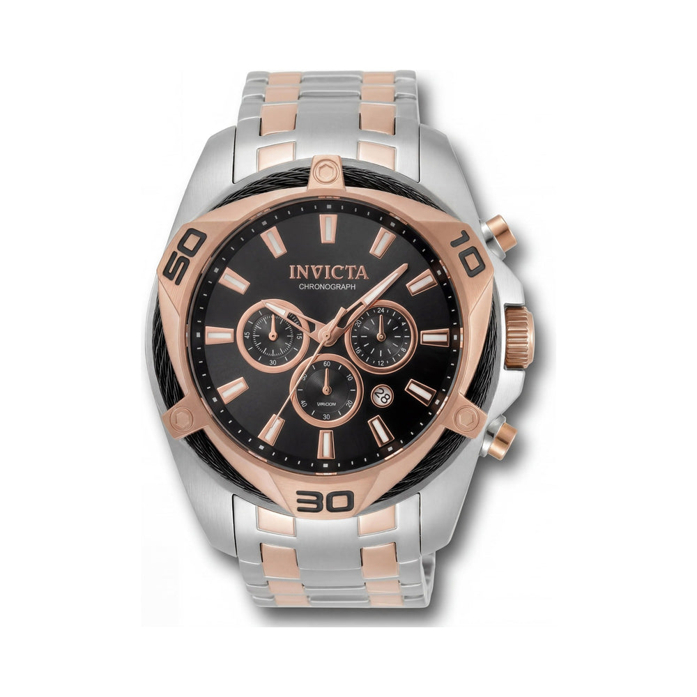 Reloj Invicta Bolt para hombre, cronógrafo, esfera negra, tono plata y oro rosa, acero inoxidable, 50 mm