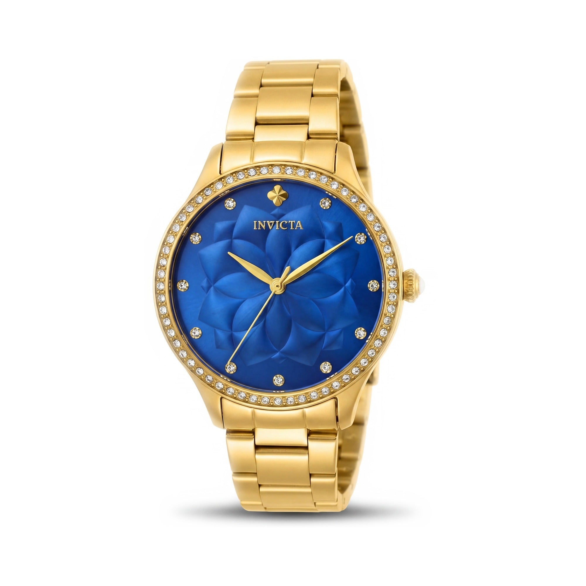 Invicta Wildflower Unisex Gold Tone Stainless Steel Crystal Blue Dial Quartz Watch 35mm 10 ATM, Photo 1