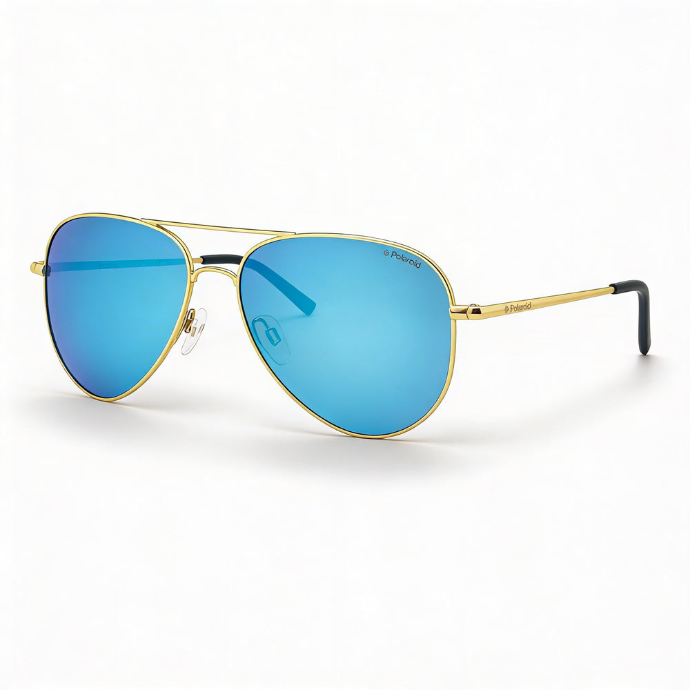 Polaroid Gafas de Sol de Aviador para Hombre, Montura Metálica Dorada, Lentes Antirreflectantes Grises y Azules Espejados, Protección UV 400, Ancho de Lente 54mm