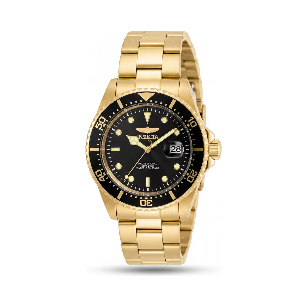 Invicta 22019 Reloj para hombre Pro Diver de acero inoxidable tono dorado con bisel negro, ventana de fecha magnificada, resistente al agua 200M