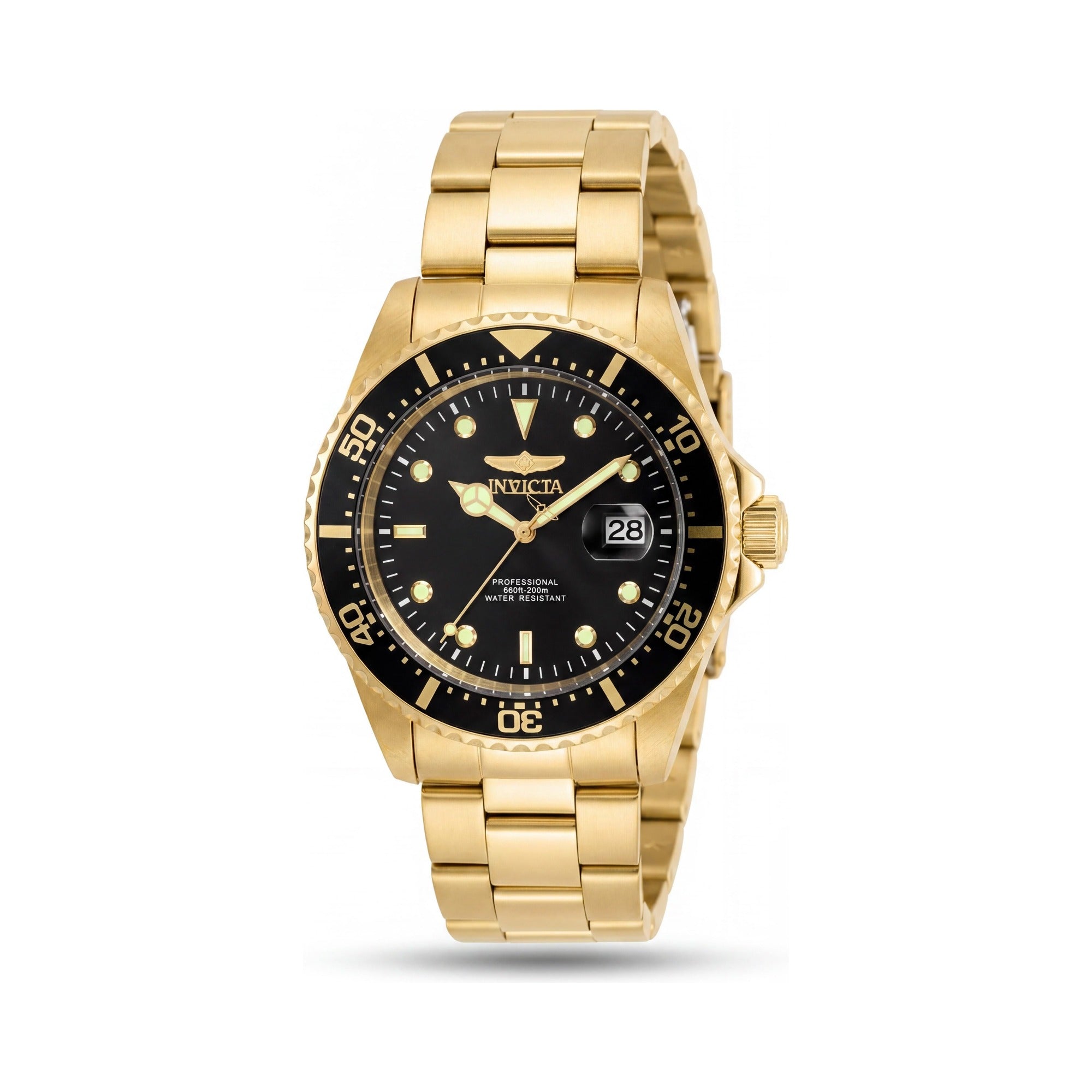 Reloj Invicta Pro Diver de acero inoxidable tono dorado para hombre con bisel negro, ventana de fecha magnificada, resistente al agua hasta 200M, Photo 1
