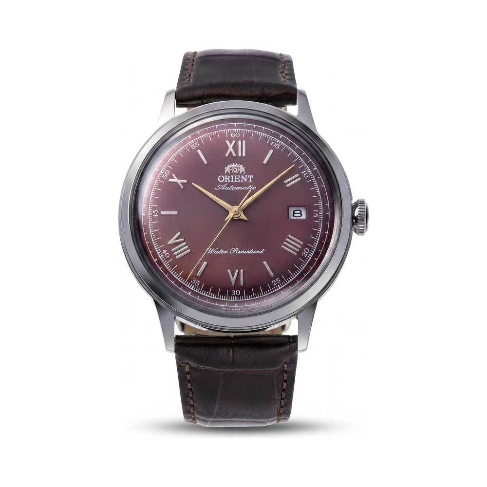 Orient Classic Bambino Automatic Mechanical Unisex Watch Silver Grey Steel Case Wine Red Dial 40.5mm