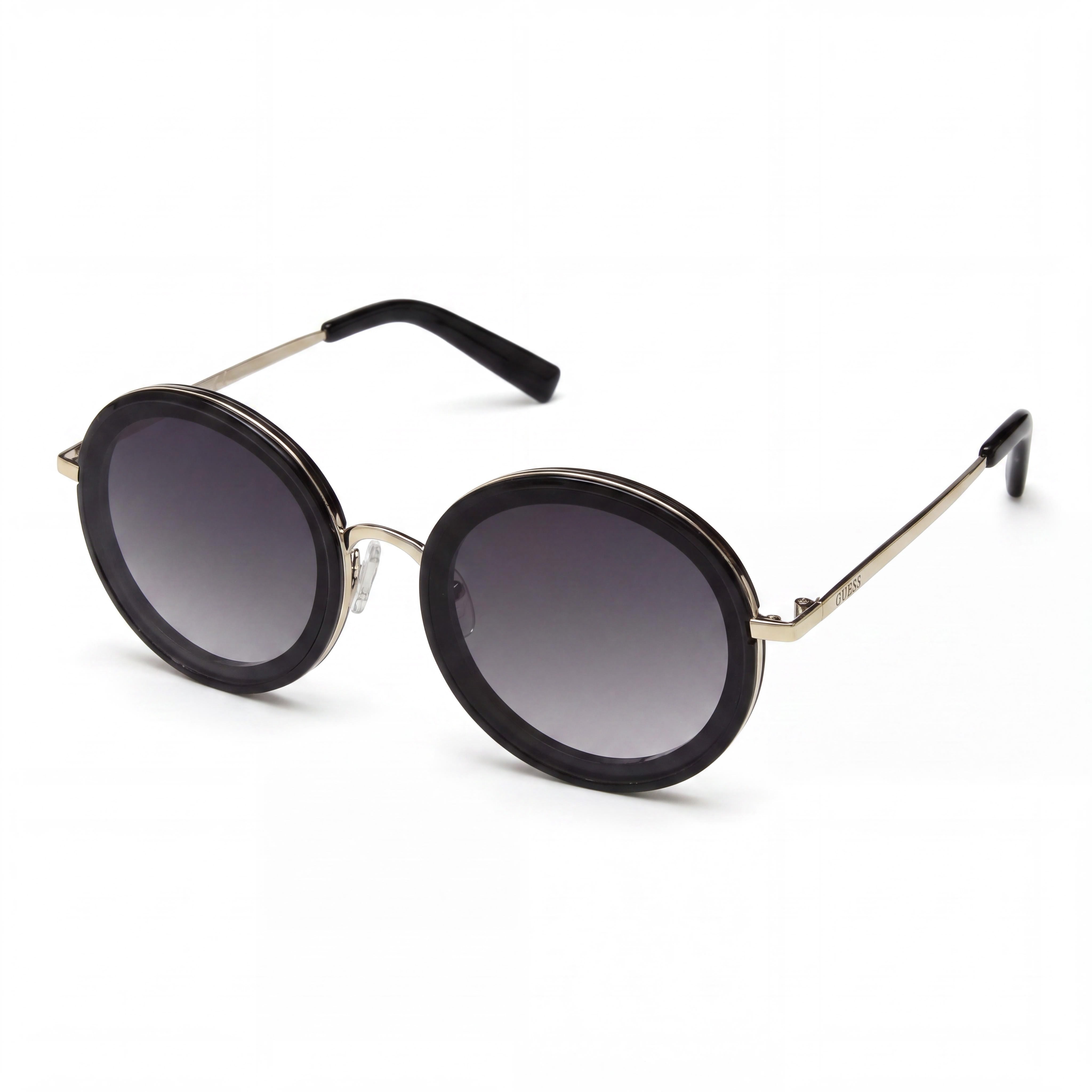 GUESS Modern Women's Shiny Black Metal Frame Sunglasses, Gold Smoke Gradient Lenses, UV Protection, Photo 1